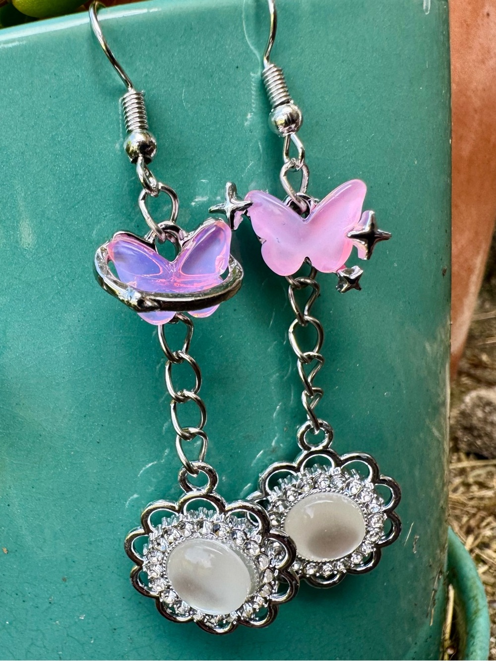 Pink Iridescent Butterfly Drop Earrings with Flower Rhinestone Dangles